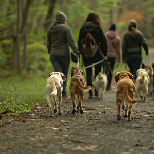 Hopeful group of diverse volunteers walking shelter dogs along a nature trail the dogs tails wagging with anticipation nature background